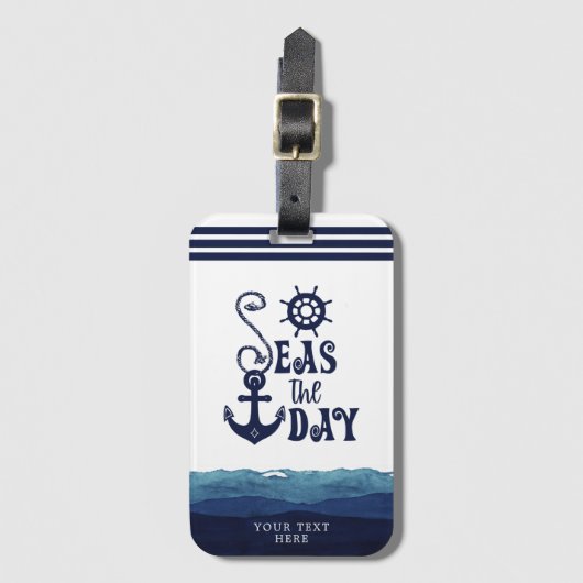Nautical Anchor ZEEEN the DAY Waterverf Waves Navy Bagagelabel (Voorkant (verticaal))