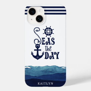 Nautical Anchor ZEEEN the DAY Waterverf Waves Navy Case-Mate iPhone 14 Hoesje