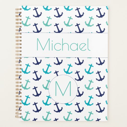 Nautical Anchors Blue Trendy Monogram Planner (Voorkant)