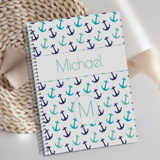 Nautical Anchors Blue Trendy Monogram Planner