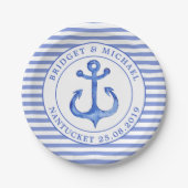 Nautical Anchors Monogram Navy Striped Paper Bord (Voorkant)