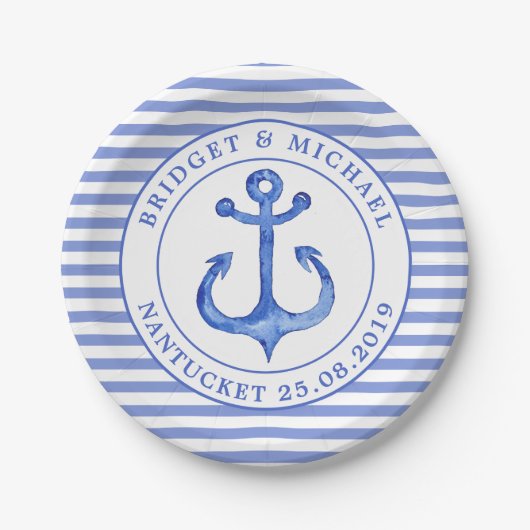 Nautical Anchors Monogram Navy Striped Paper Bord (Voorkant)