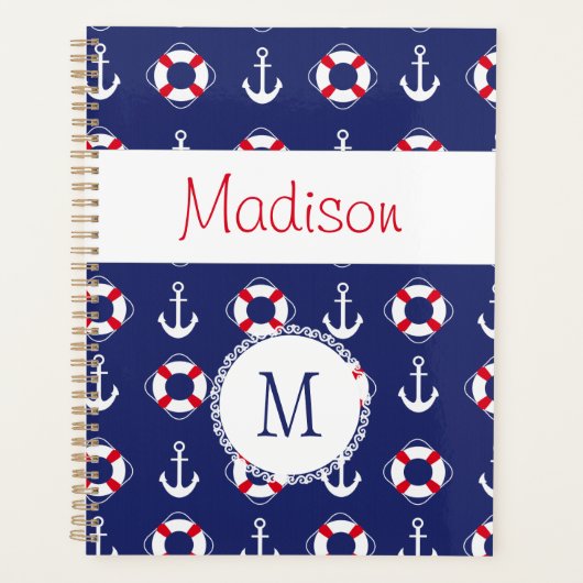 Nautical Anchors Navy Red Trendy Monogram Planner (Voorkant)