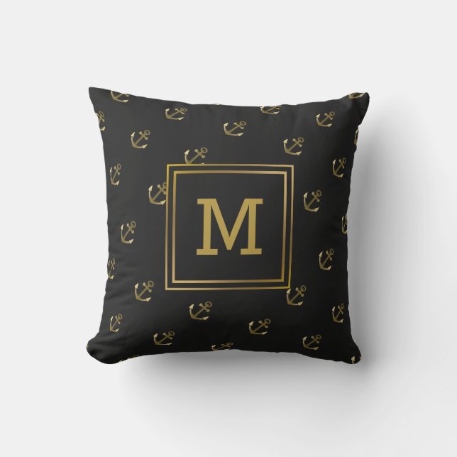 Nautical Anchors Pattern Black and Gold Monogram Buitenkussen (Voorkant)