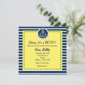 Nautical anker babyshower geel blauwe uitnodiging (Staand voorkant)