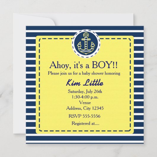 Nautical anker babyshower geel blauwe uitnodiging (Voorkant)
