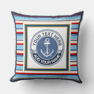 Nautical Anker Blauw, Rood en Crème Gestreepte Kussen