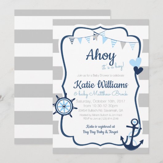 Nautical Anker Blue Boy Baby shower Invitation Kaart (Voorkant / Achterkant)