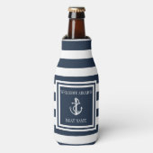 Nautical Anker Bootnaam Navy Blauwe Strepen Flesjeskoeler (Fles Voorkant)
