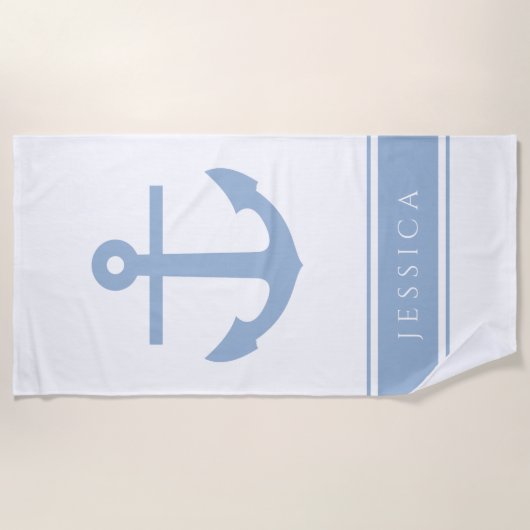 Nautical Anker Custom Naam Blauw Strandlaken (Voorkant)