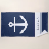 Nautical Anker Custom Naam Navy Blauw Strandlaken (Voorkant)
