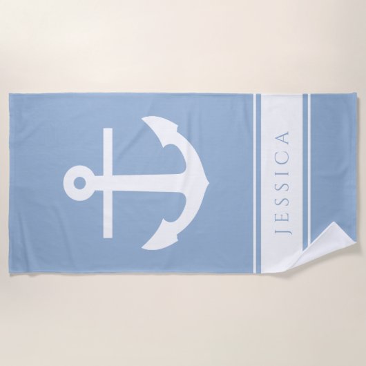 Nautical Anker Custom Name Powder Blauw Strandlaken (Voorkant)