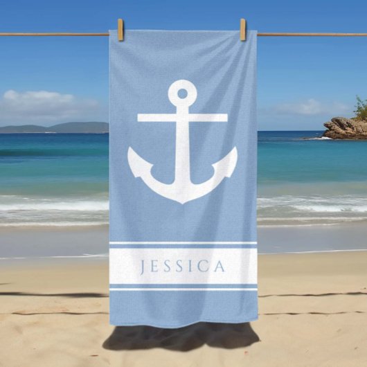 Nautical Anker Custom Name Powder Blauw Strandlaken