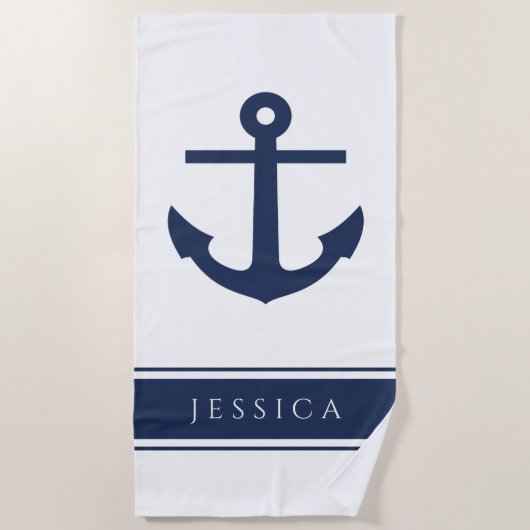 Nautical Anker Custom Name Powder Blauw Strandlaken (Voorkant)