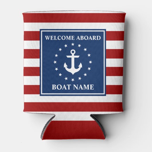 Nautical Anker Gestreepte Boot Naam Sterren Blikjeskoeler (Voorkant)