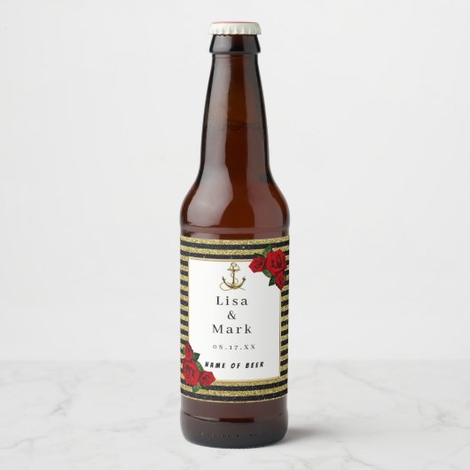 Nautical Anker Goud Zwart Strepen Bier Labels Etiket (Voorkant)