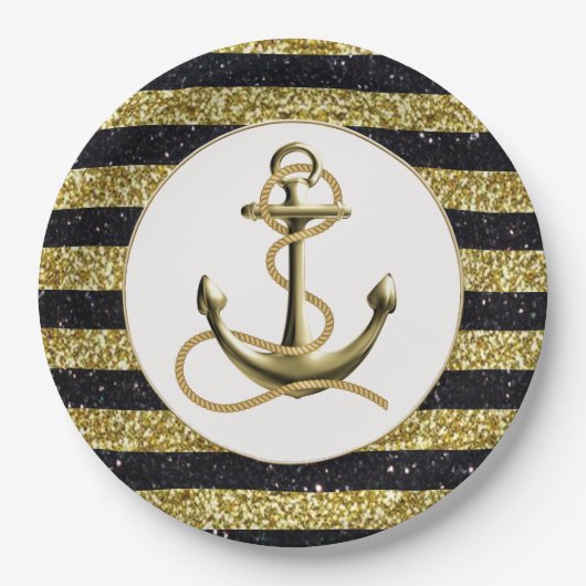 Nautical Anker Goud Zwart Strepen Bruiloft Borden Papieren Bordje (Voorkant)