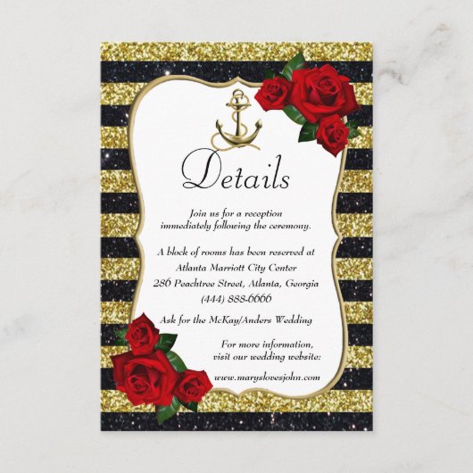 Nautical Anker Goud Zwart Strepen Bruiloft Details Informatiekaartje (Voorkant)