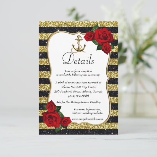 Nautical Anker Goud Zwart Strepen Bruiloft Details Informatiekaartje (Staand voorkant)