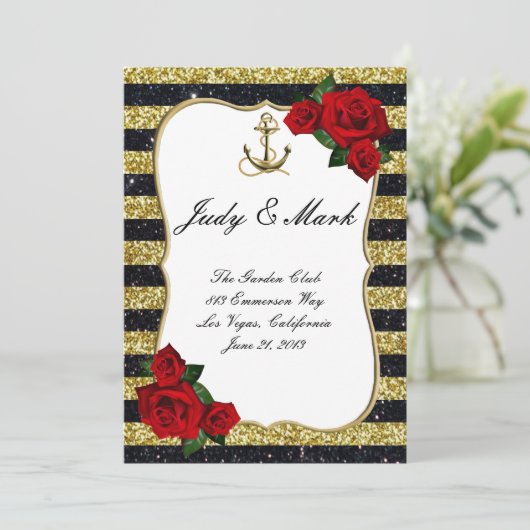 Nautical Anker Goud Zwart Strepen Bruiloft Menu (Staand voorkant)