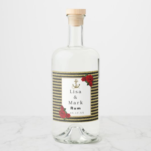 Nautical Anker Goud Zwart Strepen Likeurfles Etiket (Voorkant)