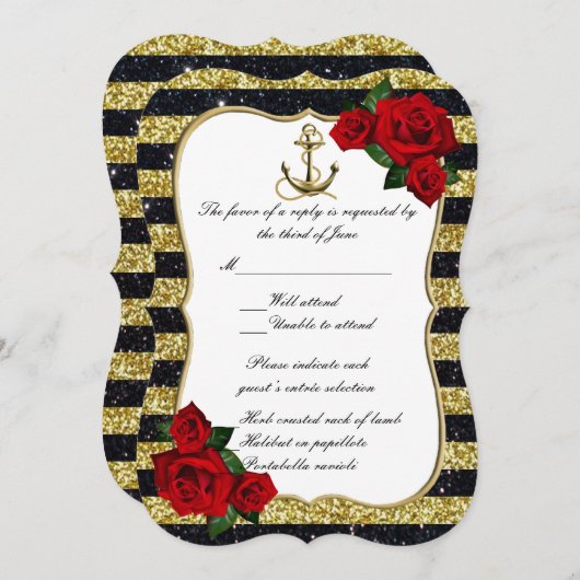 Nautical Anker Goud Zwart Strepen Strand RSVP Kaart (Voorkant / Achterkant)