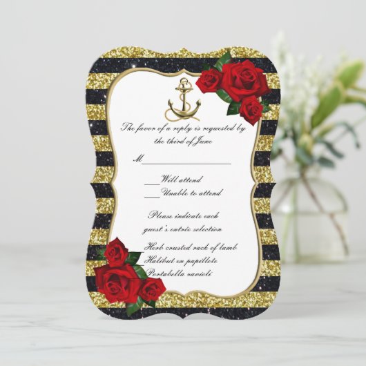 Nautical Anker Goud Zwart Strepen Strand RSVP Kaart (Staand voorkant)