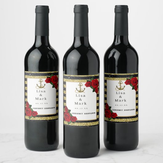 Nautical Anker Goud Zwart Strepen Wijn Labels Wijn Etiket (Flessen)