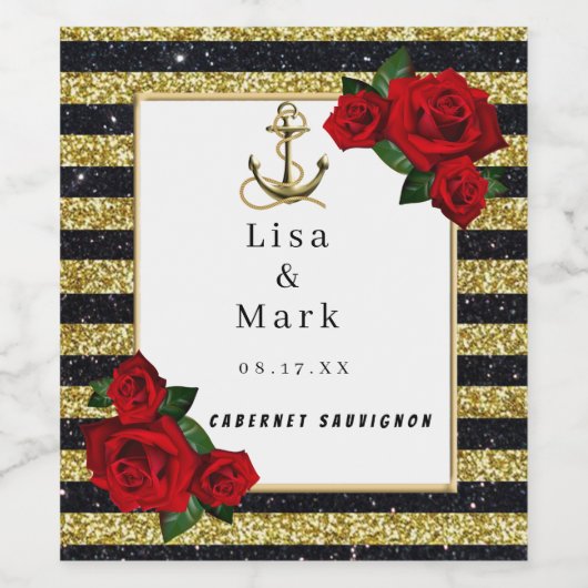 Nautical Anker Goud Zwart Strepen Wijn Labels Wijn Etiket (Enkel label)