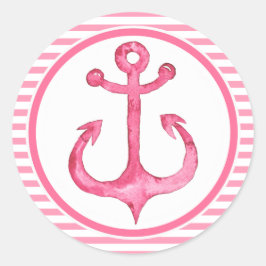 Nautical Anker - Hot Pink Striped Ronde Sticker
