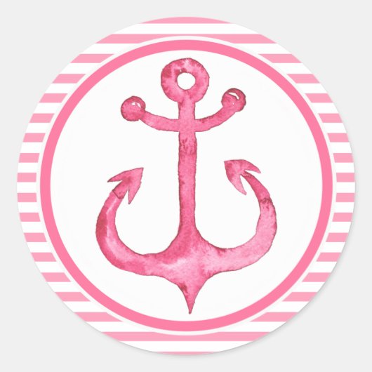 Nautical Anker - Hot Pink Striped Ronde Sticker (Voorkant)