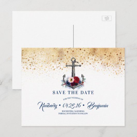 Nautical Anker Navy Blauw en Rood Save the Date Aankondigingskaart (Voorkant / Achterkant)