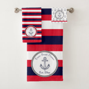 Nautical Anker Navy Blauw Wit Rood Strepen Bad Handdoek