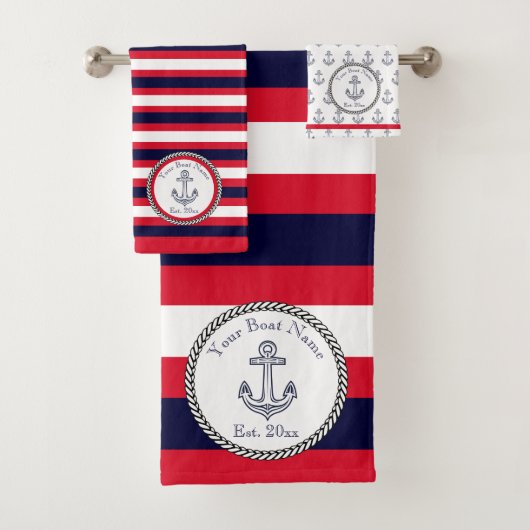 Nautical Anker Navy Blauw Wit Rood Strepen Bad Handdoek (Insitu)