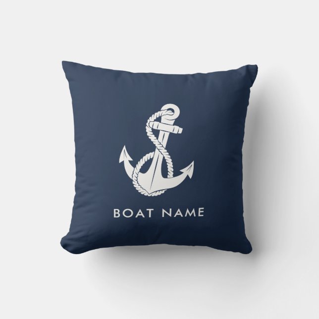 Nautical Anker Navy Blue Boot Naam Crew Buitenkussen (Voorkant)