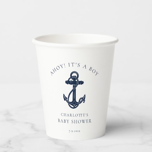Nautical Anker Navy Blue Coastal Boy Baby shower Papieren Bekers (Voorkant)
