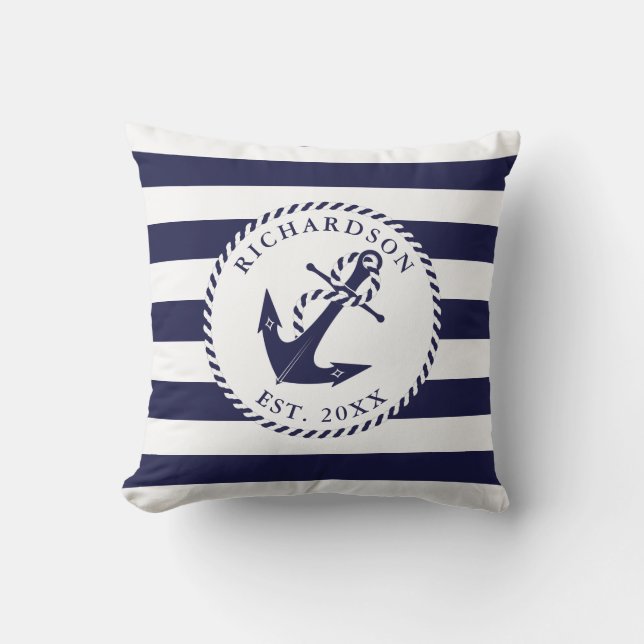 Nautical Anker Navy Blue en White Stripes Familie Buitenkussen (Voorkant)