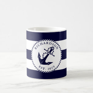 Nautical Anker Navy Blue en White Stripes Familie Koffiemok