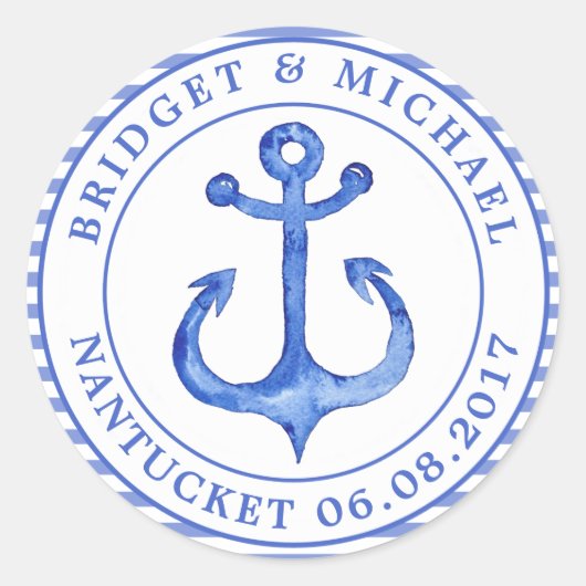 Nautical Anker - Navy Blue Gestreept gepersonalise Ronde Sticker (Voorkant)