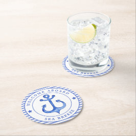 Nautical Anker & Navy Blue Gestreept w. Bootnaam Ronde Kartonnen Onderzetter