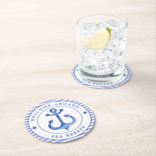 Nautical Anker & Navy Blue Gestreept w. Bootnaam Ronde Kartonnen Onderzetter (Insitu)