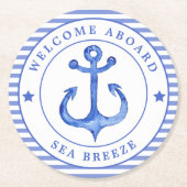 Nautical Anker & Navy Blue Gestreept w. Bootnaam Ronde Kartonnen Onderzetter (Voorkant)