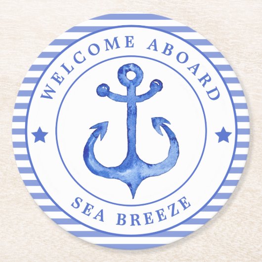 Nautical Anker & Navy Blue Gestreept w. Bootnaam Ronde Kartonnen Onderzetter (Voorkant)