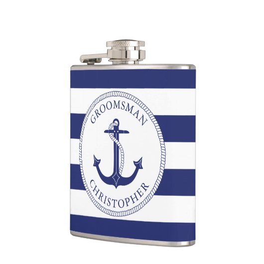 Nautical Anker Navy Blue Stripe Groomsman Heupfles (Links)