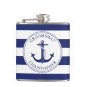 Nautical Anker Navy Blue Stripe Groomsman Heupfles (Voorkant)