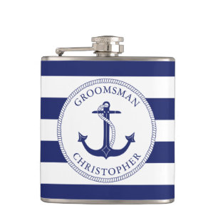 Nautical Anker Navy Blue Stripe Groomsman Heupfles