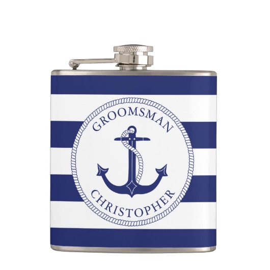 Nautical Anker Navy Blue Stripe Groomsman Heupfles (Voorkant)