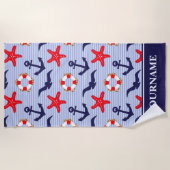 Nautical Anker Navy Blue White Stripes Strandlaken (Voorkant)