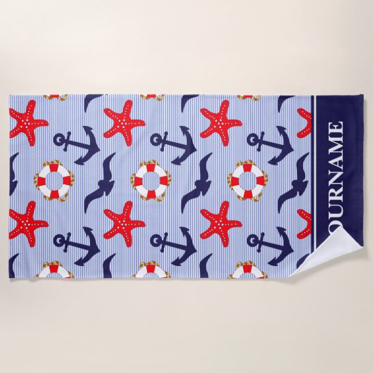 Nautical Anker Navy Blue White Stripes Strandlaken (Voorkant)