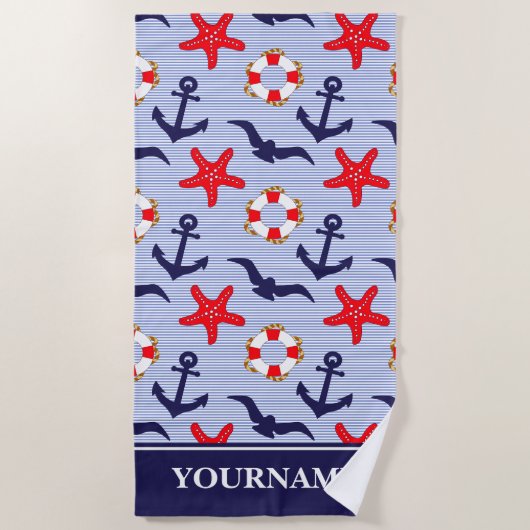 Nautical Anker Navy Blue White Stripes Strandlaken (Voorkant)